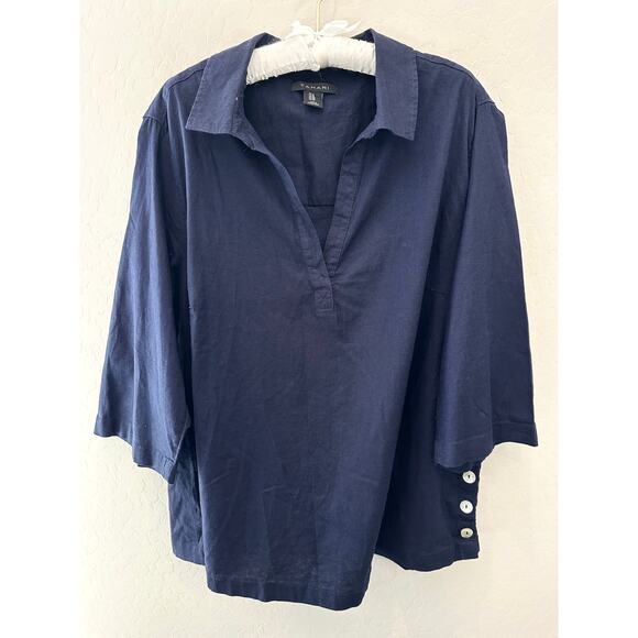 TAHARI | Navy Linen Blend Top Button Sleeve Blouse Lightweight Plus Size | 1X - Picture 1 of 7